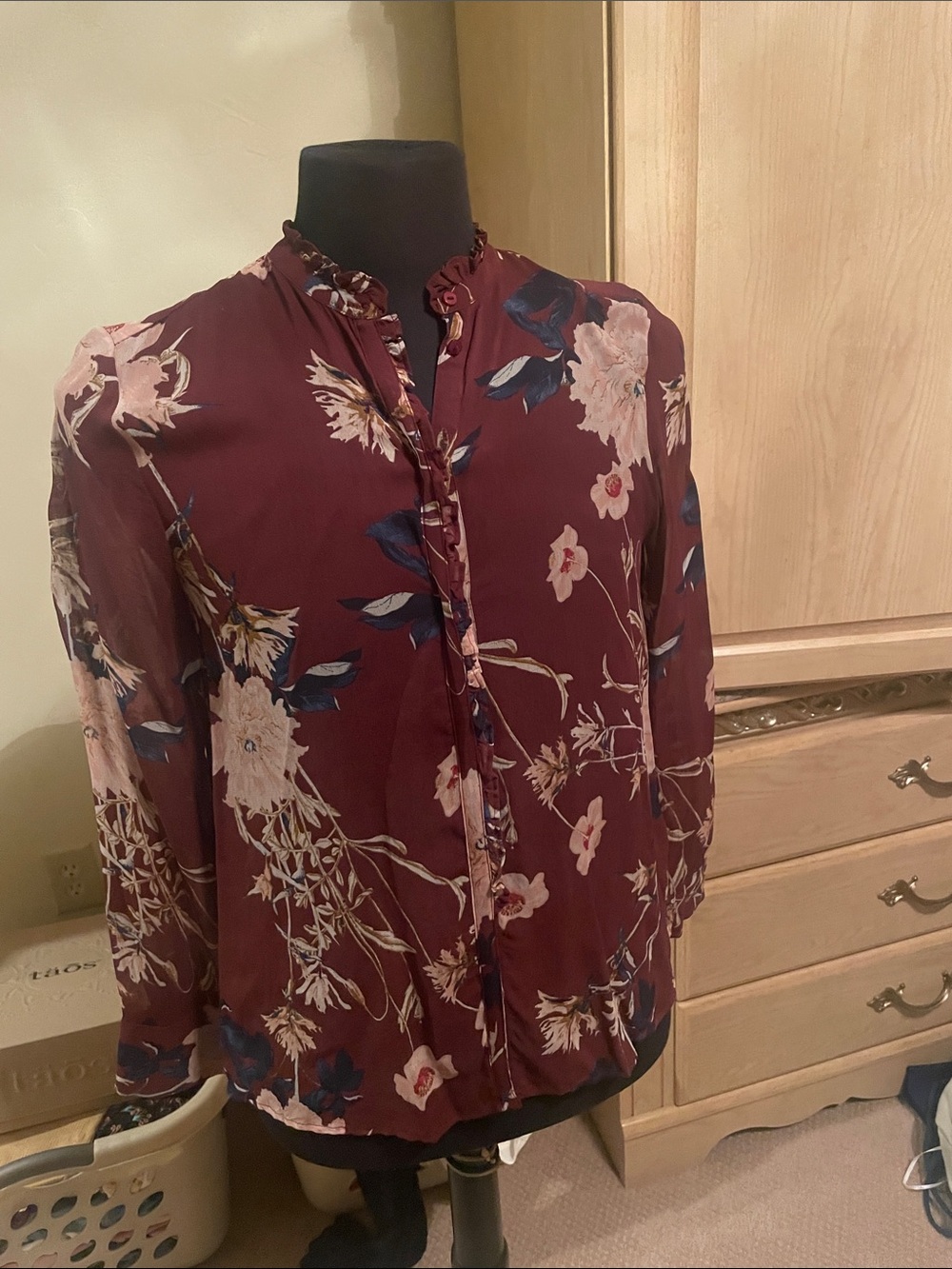 Lucky Brand Burgundy Floral Ruffle Blouse